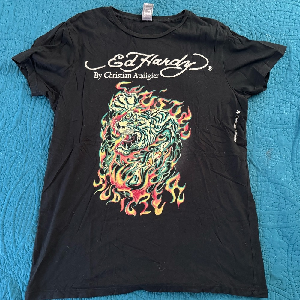 Ed Hardy by Christian Audigier Mens Large Black White Tiger Flames Vintage